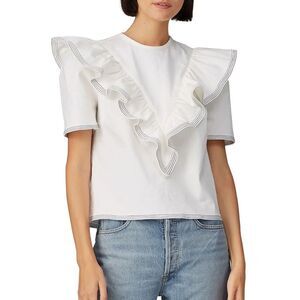 Saylor White Denim Ruffle Front Top Harriette Size Large Nautical Girly